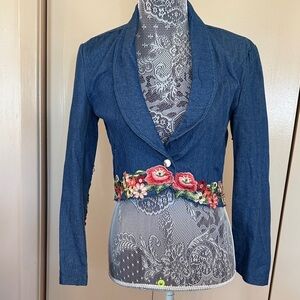 Embroidered Denim Blazer with Floral Accents